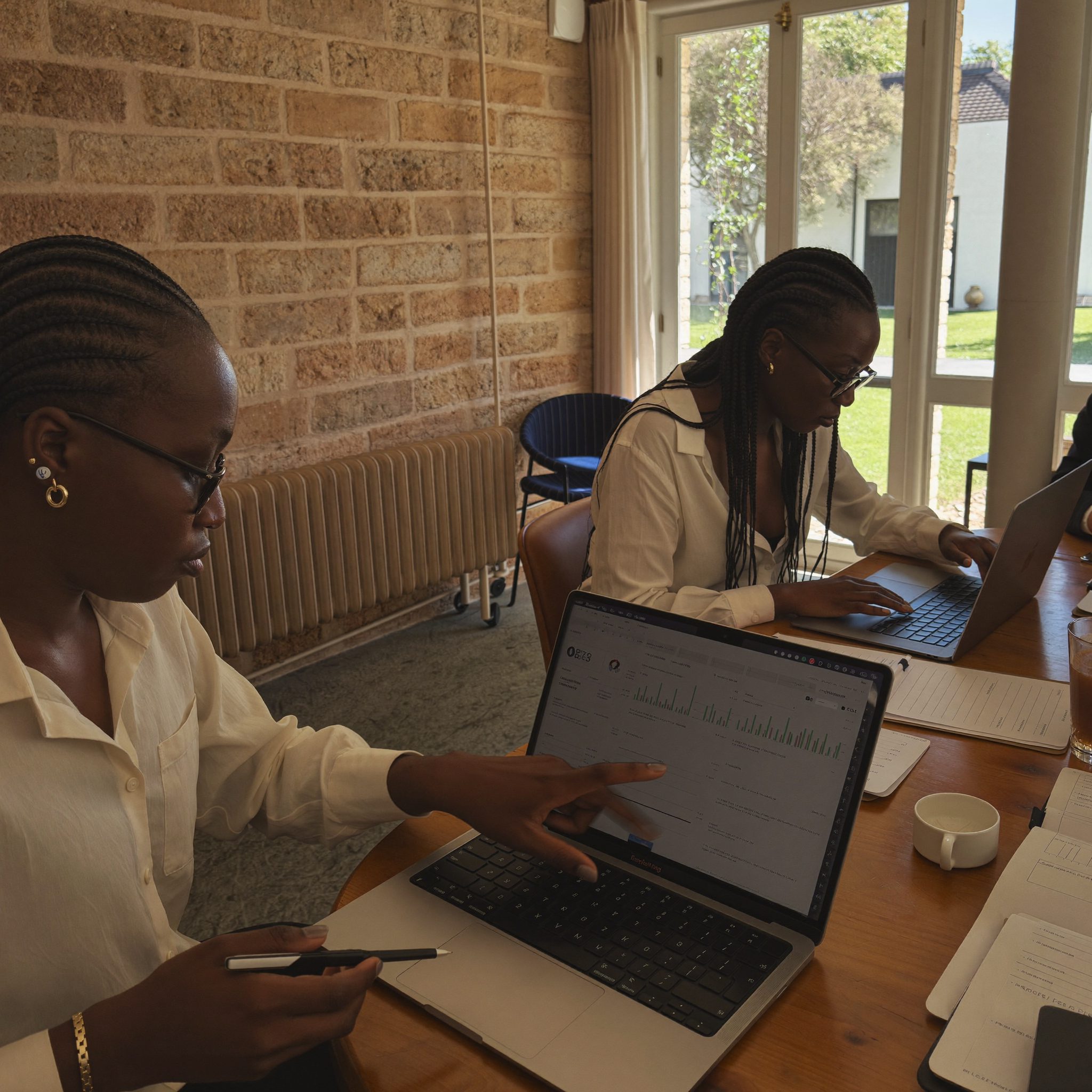 Team reviewing a financial report in a meeting room
